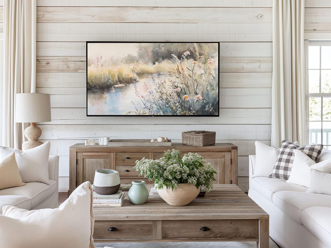 Wildflower River Summer Watercolor Meadow Landscape Wall Art - Image 3