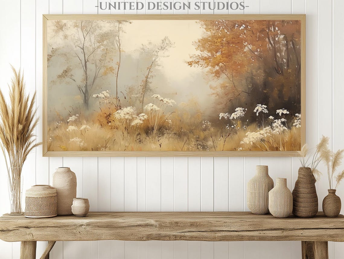Misty Autumn Forest White Wildflowers Warm Amber Painting Poster - Image 2