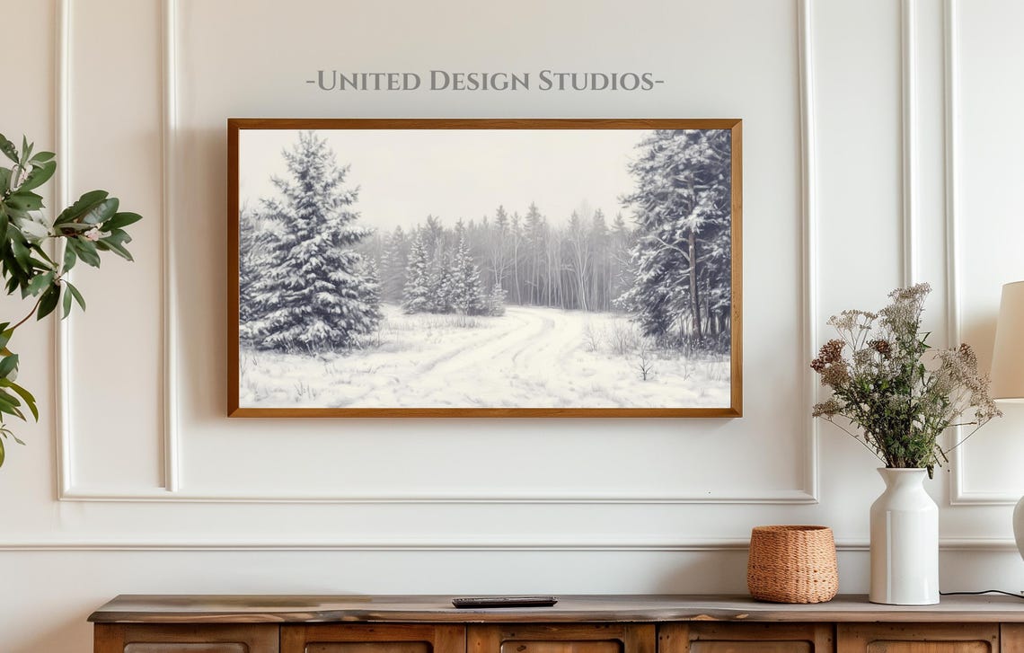 Snowy Pine Forest Winter Road Neutral Monochrome Landscape Poster - Image 3