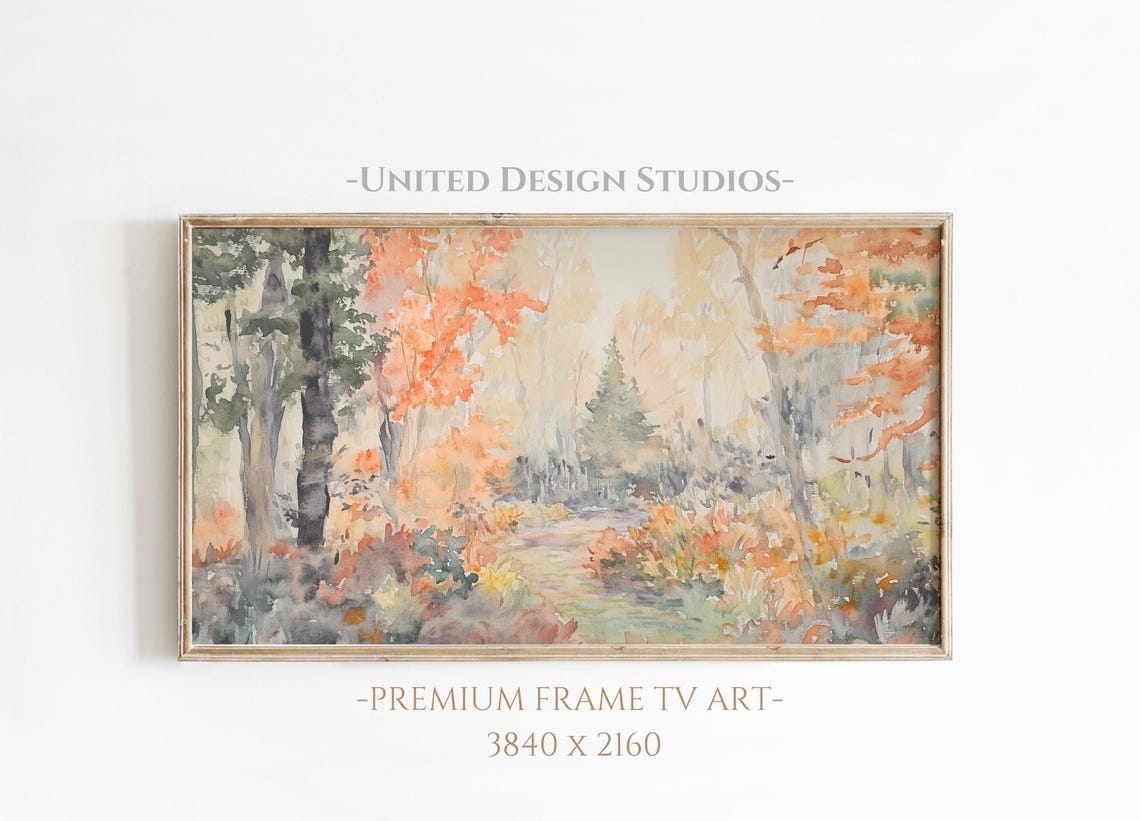 Watercolor Fall Forest Path Orange Leaves Autumn Woods Art Poster