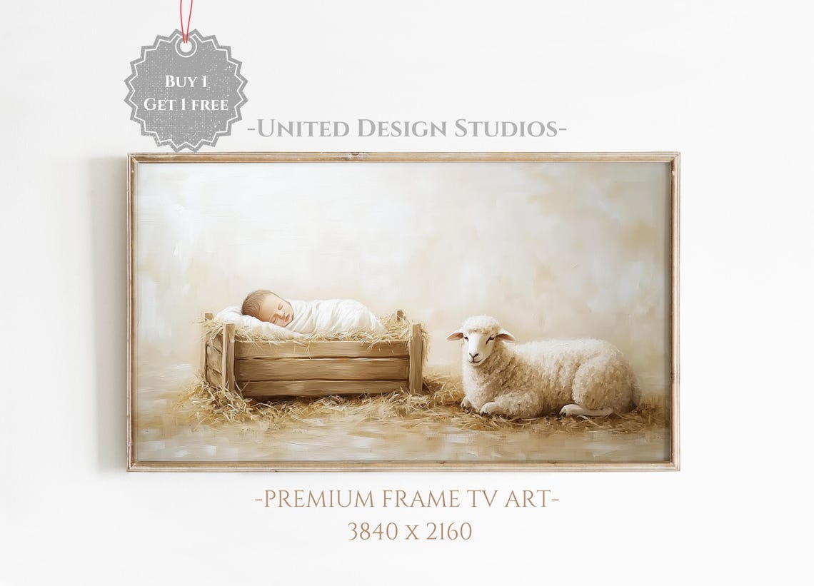 Baby Jesus Wooden Manger Lamb Neutral Christmas Nativity Poster