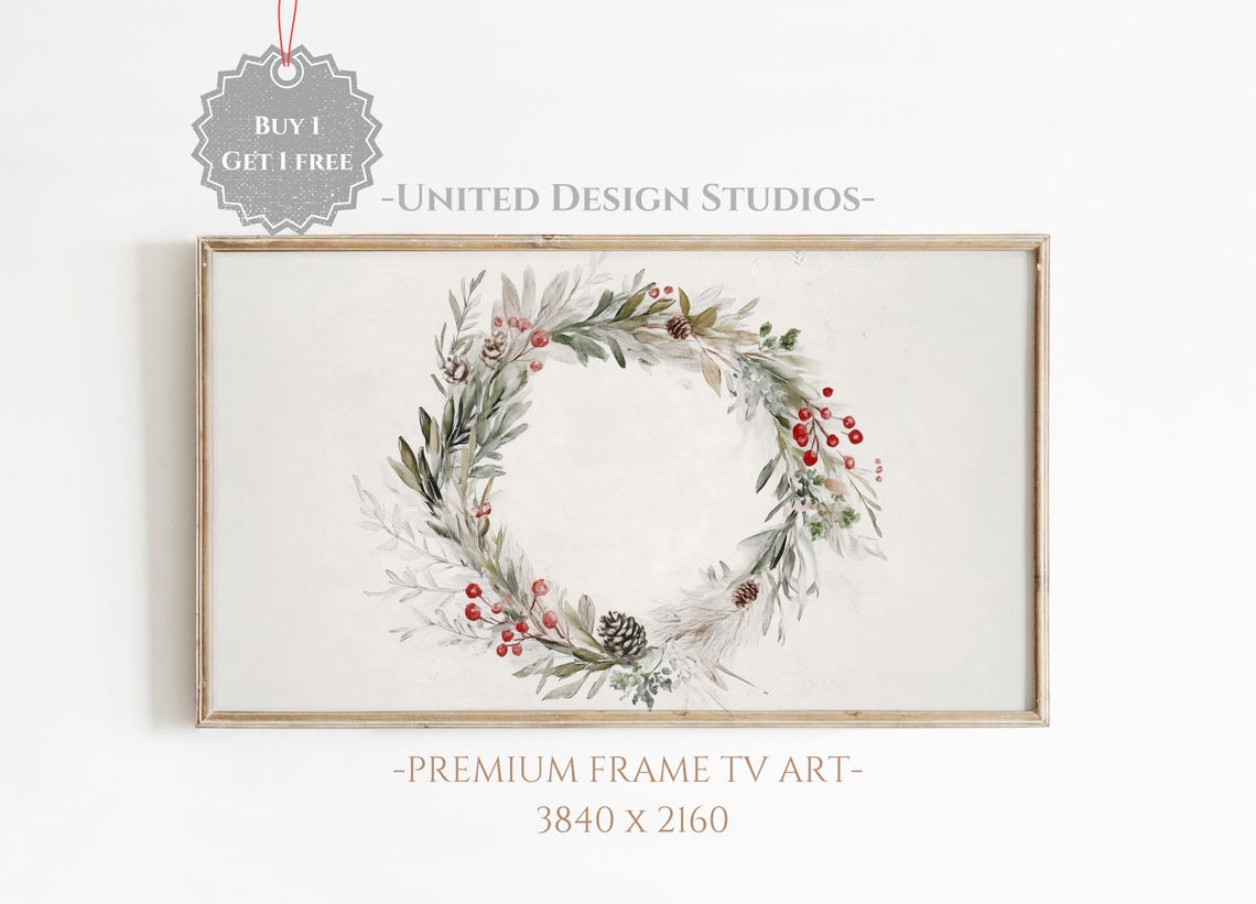 Watercolor Christmas Wreath Greenery Red Berries Holiday Art Poster