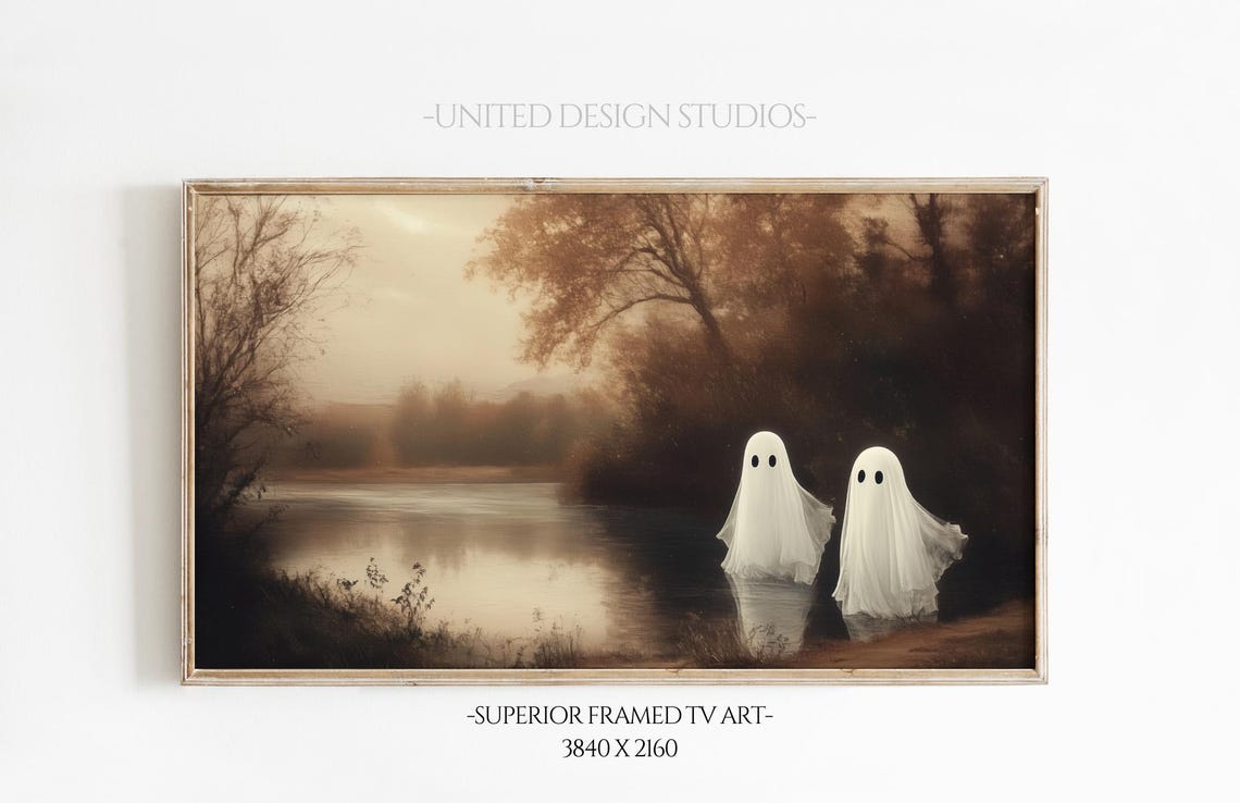 Two Cute Ghosts Misty Lake Vintage Sepia Spooky Halloween Scene Poster