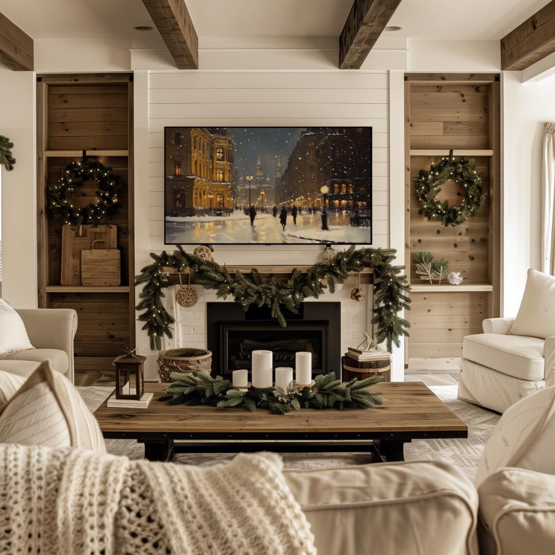 Snowy Grand City Street At Night Glowing Warm Lights Winter Wall Art - Image 5