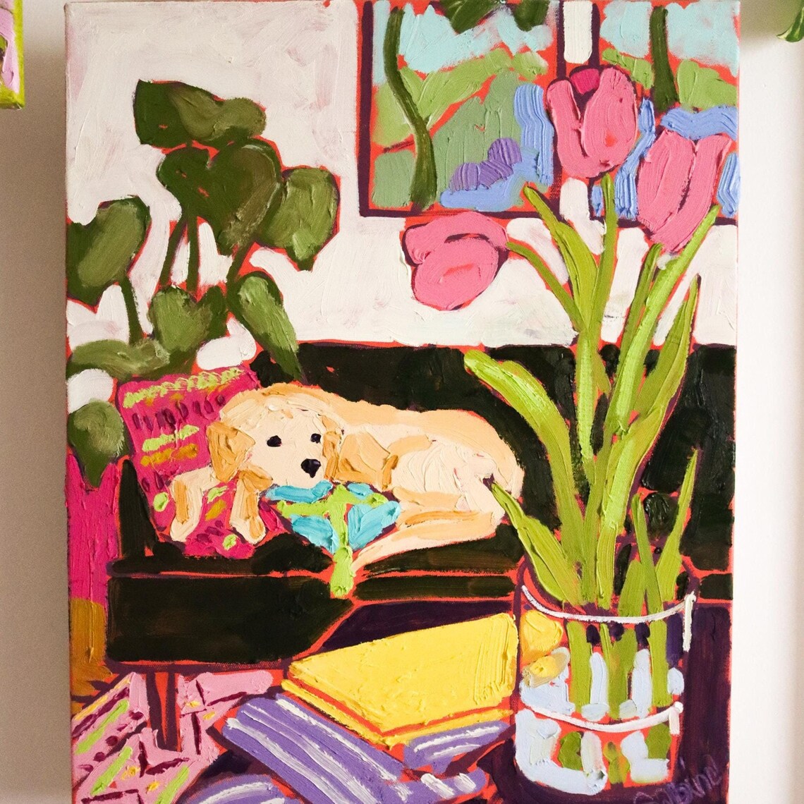 Hibernation Sleeping Golden Puppy Tulips Cozy Oil Painting Art Print