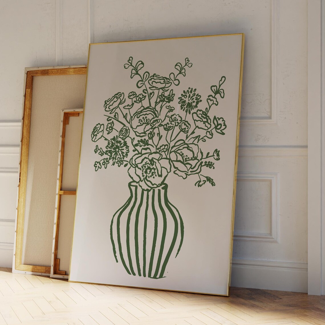 Green Line Art Flowers In Striped Vase Botanical Minimal Wall Poster