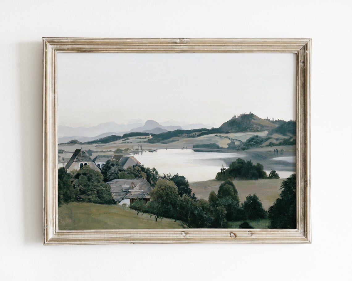 Vintage Lake Mountain Landscape Scenic Nature Wall Art Serene Lake View With Distant Mountains