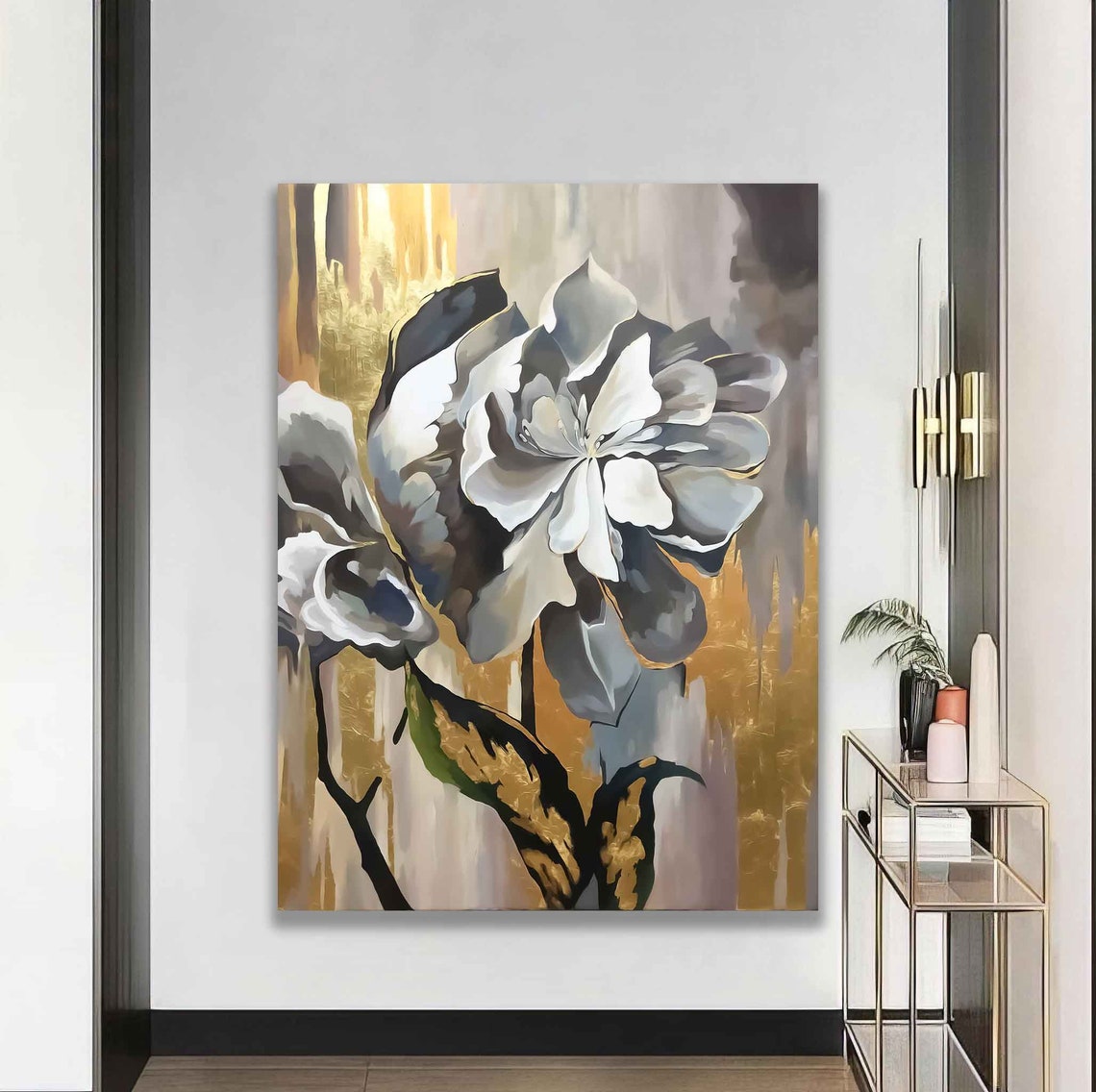 White Flower Golden Abstract Background Floral Painting Wall Poster - Image 3
