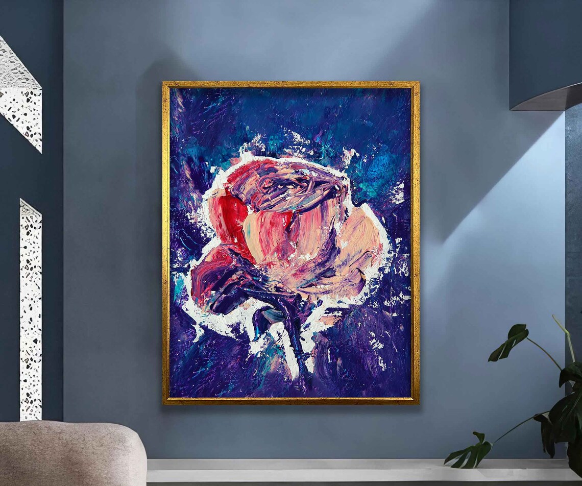 Pink Rose Purple Background Bold Abstract Flower Wall Art Poster - Image 3