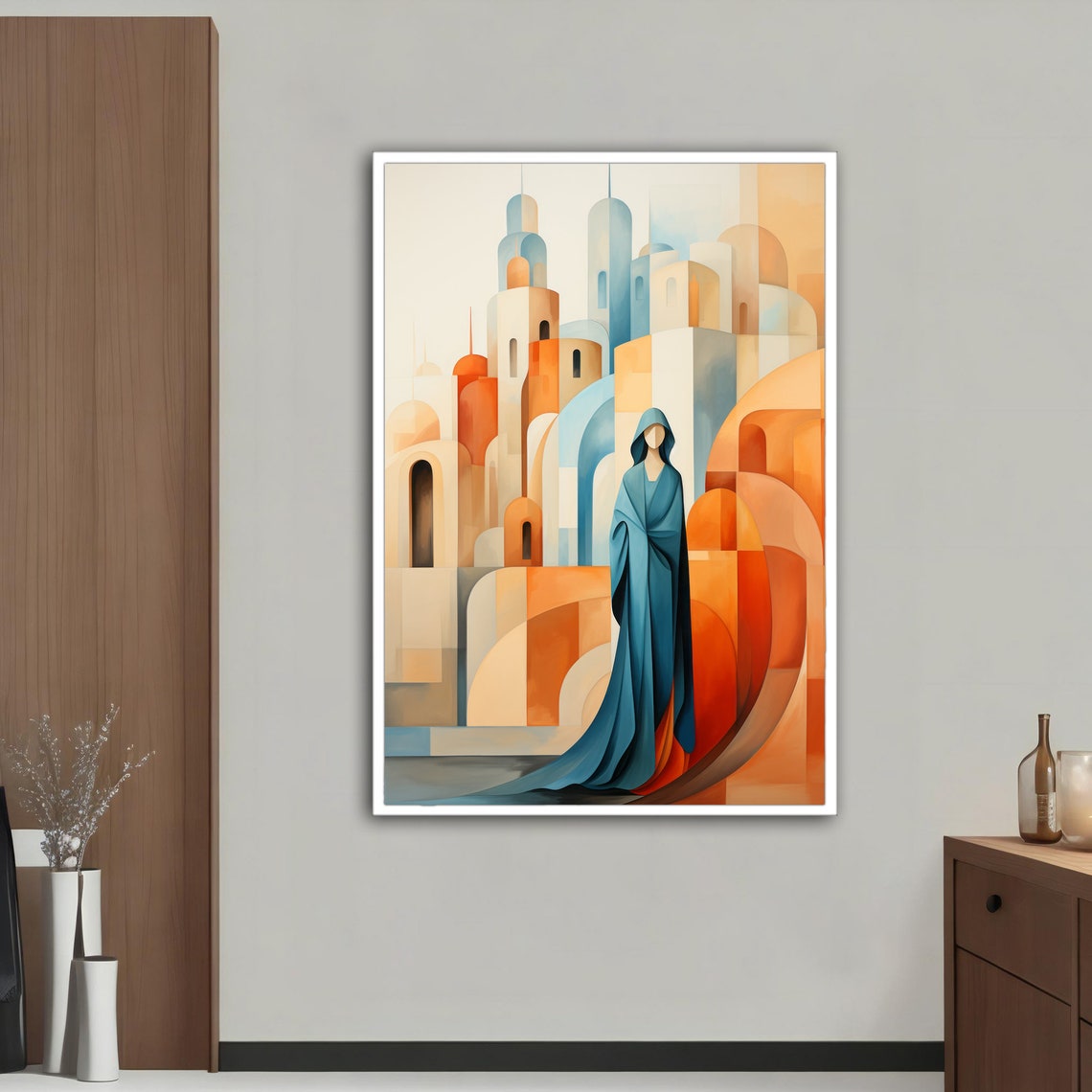 Hooded Figure Abstract Geometric Cityscape Terracotta Blue Art Poster - Image 3
