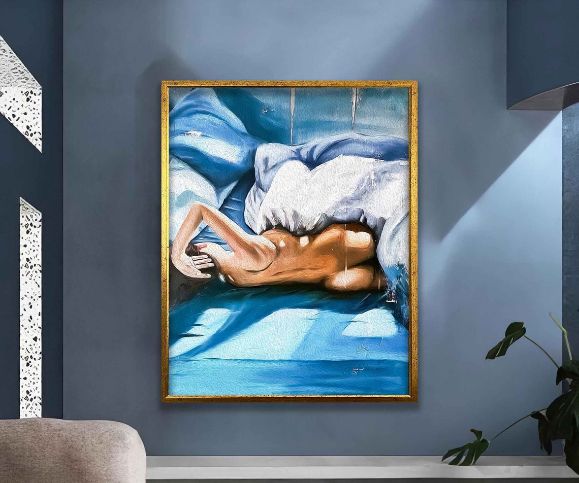 Reclining Nude Woman Blue Sheets Painterly Figurative Art Poster - Image 4