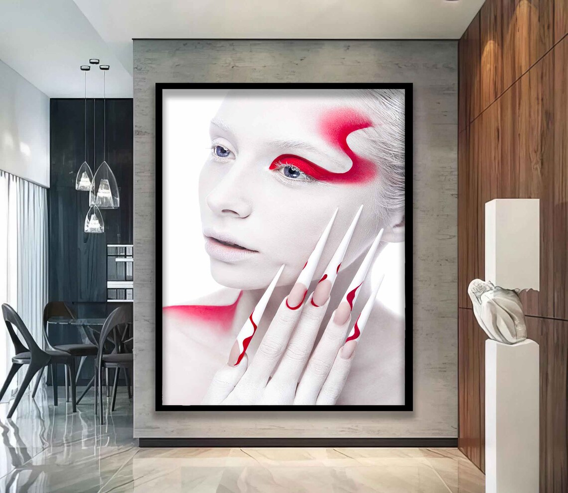 White Face Red Eye Makeup Artistic Woman Portrait Nail Art Poster - Image 4