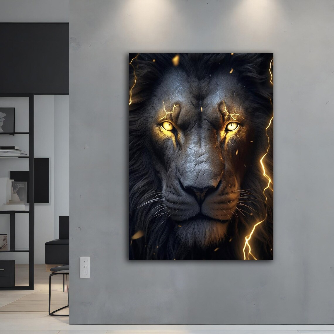 Black Lion Golden Lightning Eyes Fierce Portrait Dramatic Wall Art Poster - Image 2