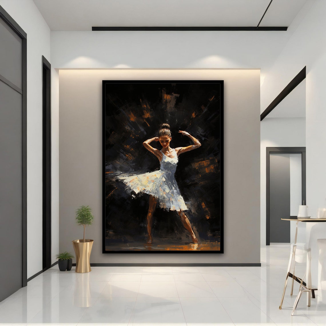 Ballerina in White Dress Dark Stage Dramatic Dance Art Print - Image 2