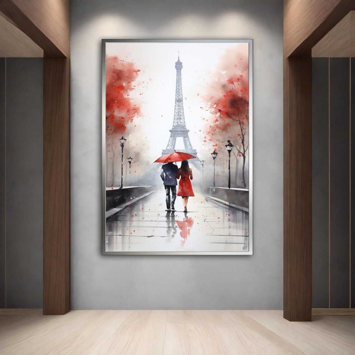 Eiffel Tower Rain Couple Red Umbrella Paris Watercolor Travel Poster - Image 2
