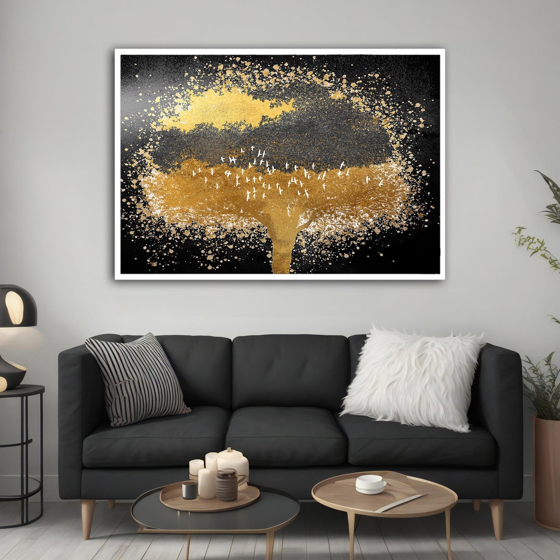 Gold Black Tree Of Life Painting White Birds Flying Night Wall Poster - Image 2