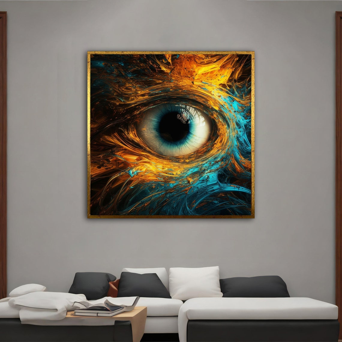 Surreal Giant Blue Eye In Swirling Gold Turquoise Paint Art Poster - Image 5