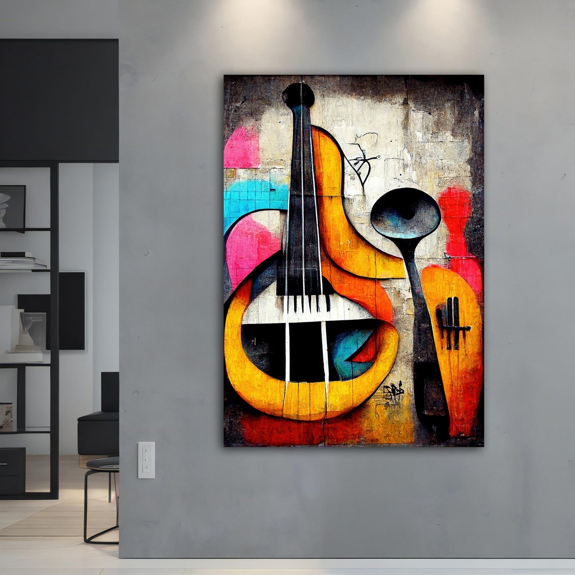 Abstract Cubist Violin Painting Bold Colorful Music Wall Art Print - Image 4