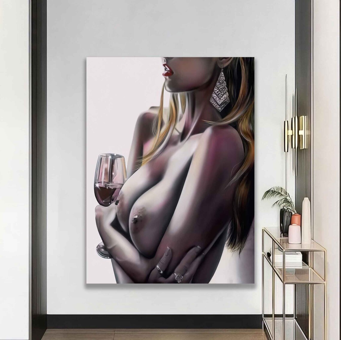 Elegant Woman Holding Red Wine Glass Glamour Portrait Art Poster