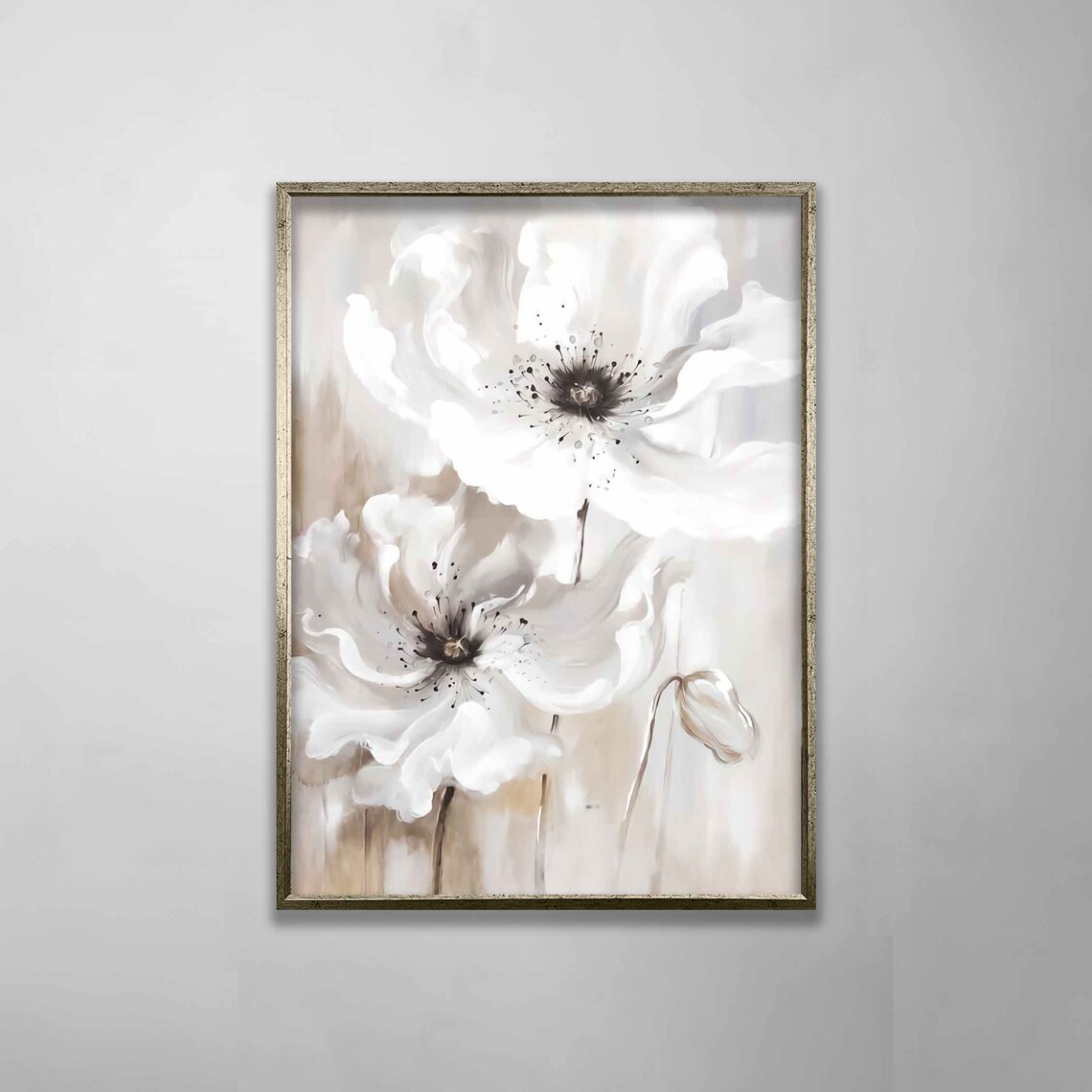 White Poppies Watercolor Flowers On Neutral Beige Art Poster - Image 2