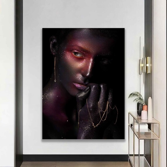 Dark Beauty Portrait Gold Jewelry Chains Glitter Wall Art Poster