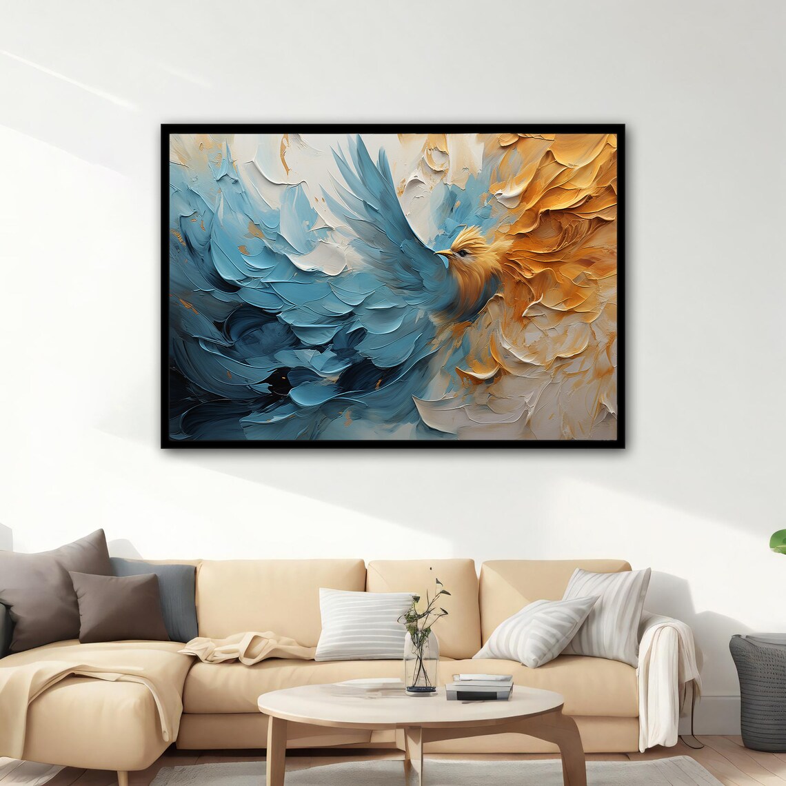 Blue Gold Bird Flying Painting Textured Wings Majestic Flight Poster - Image 3