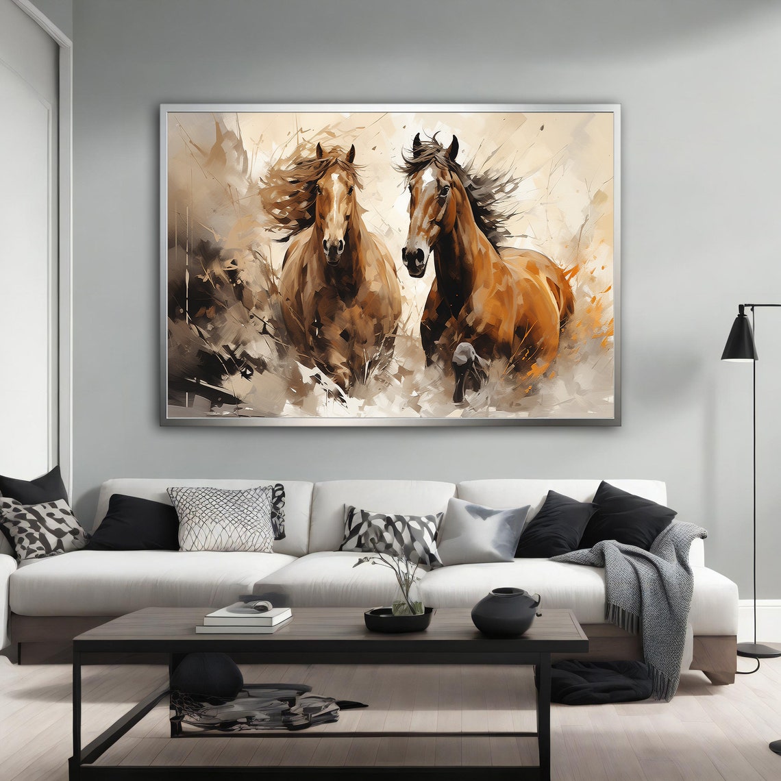 Two Brown Horses Running Painting Galloping Mane Dynamic Wall Poster - Image 4