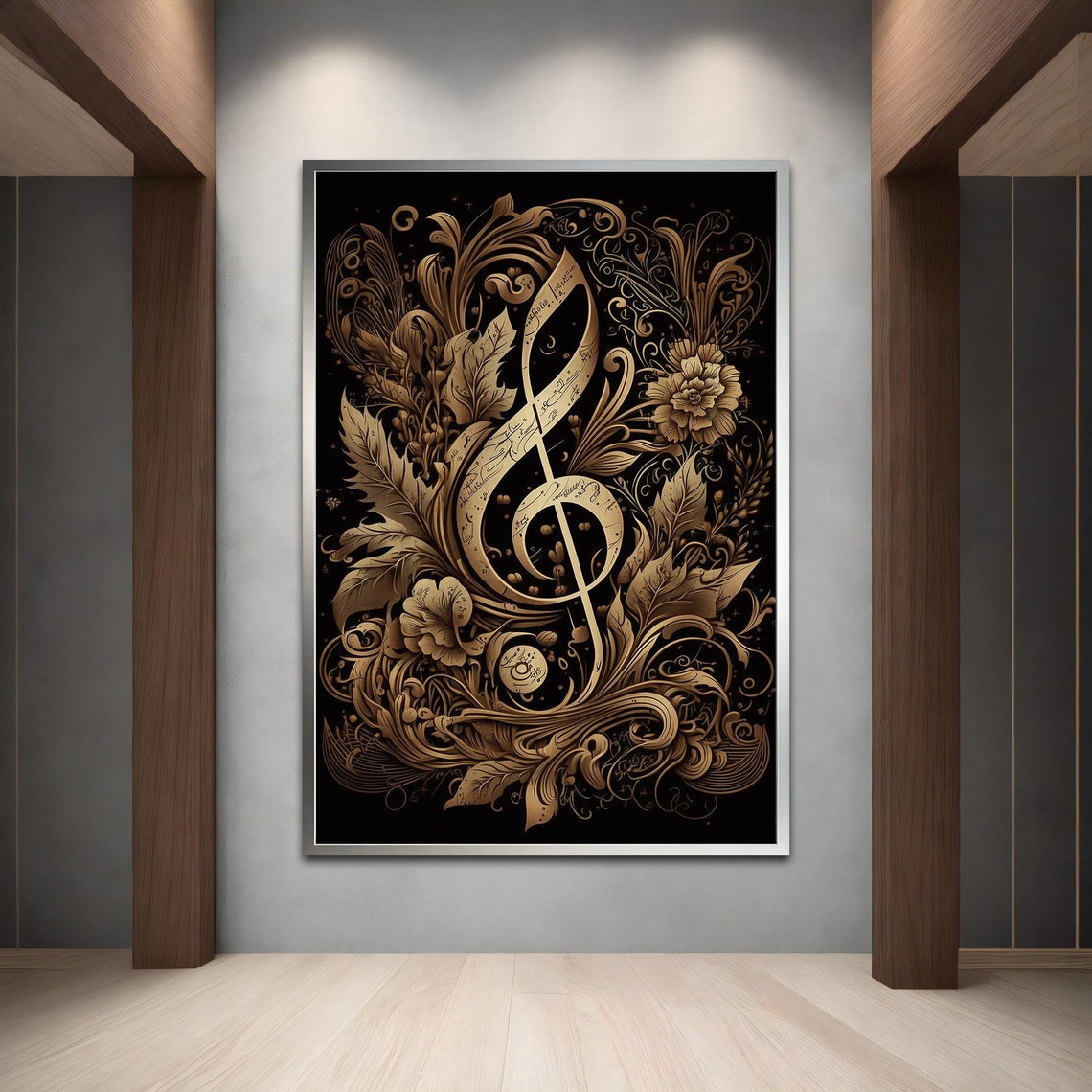 Golden Treble Clef With Baroque Floral Ornament On Black Poster - Image 4