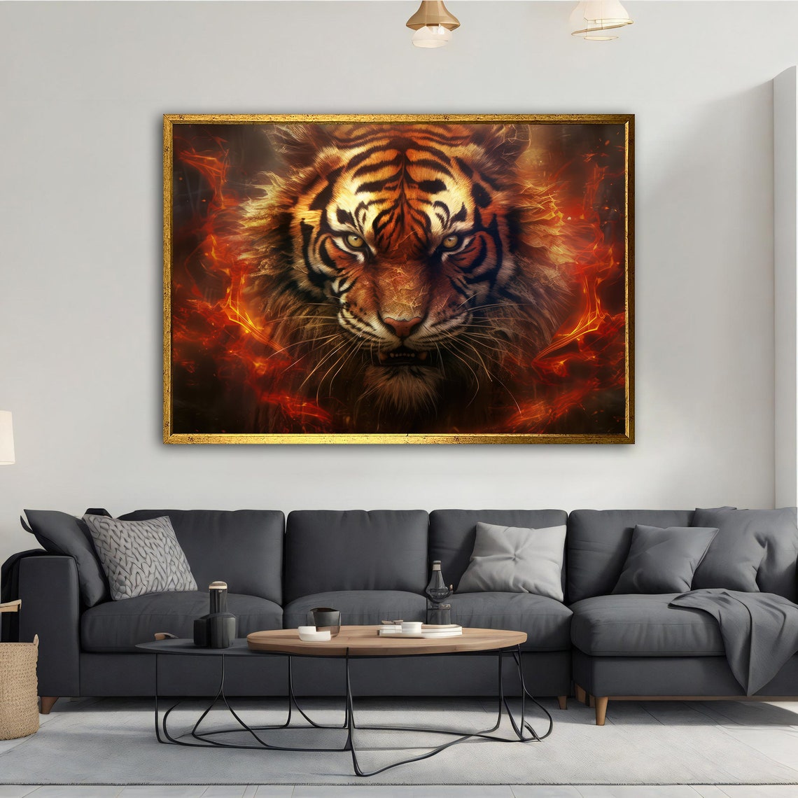 Fiery Tiger Face Flames Wild Burning Eyes Dramatic Animal Art Poster - Image 2