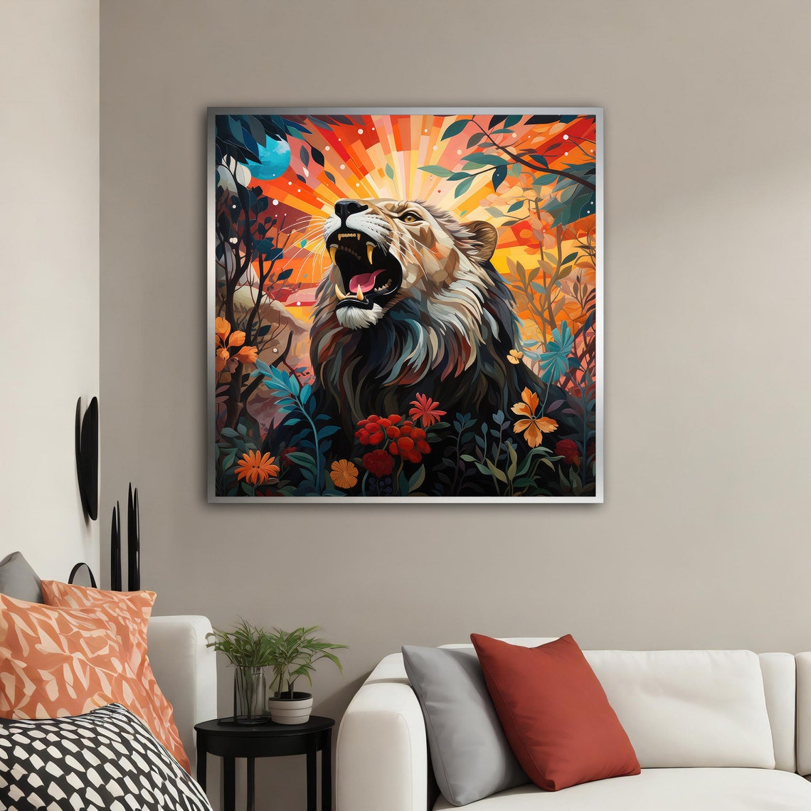 Roaring Lion Pop Art Colorful Tropical Flowers Jungle Wall Poster - Image 2