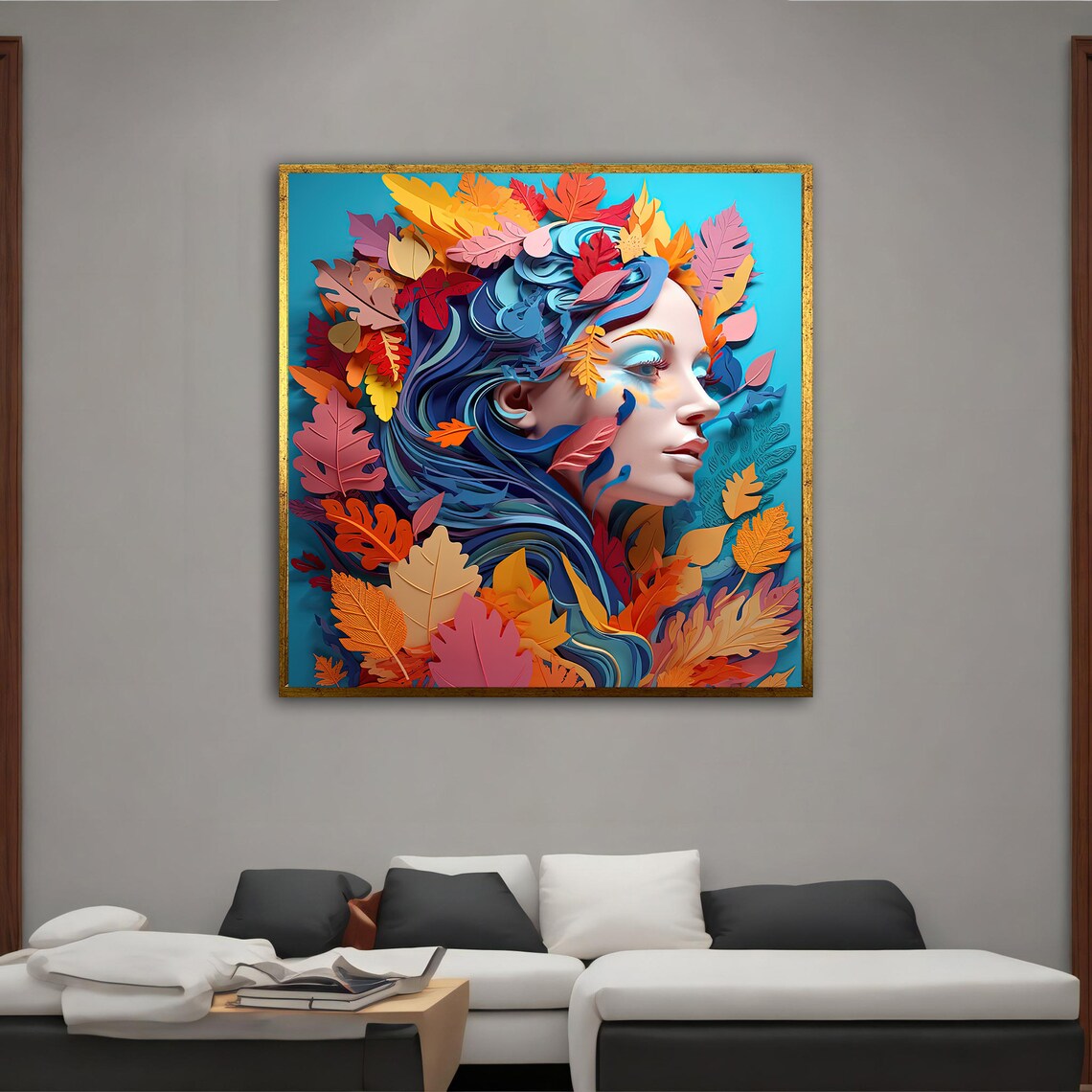 Colorful Paper Cut Autumn Leaves Woman With Flowing Blue Hair Poster - Image 2