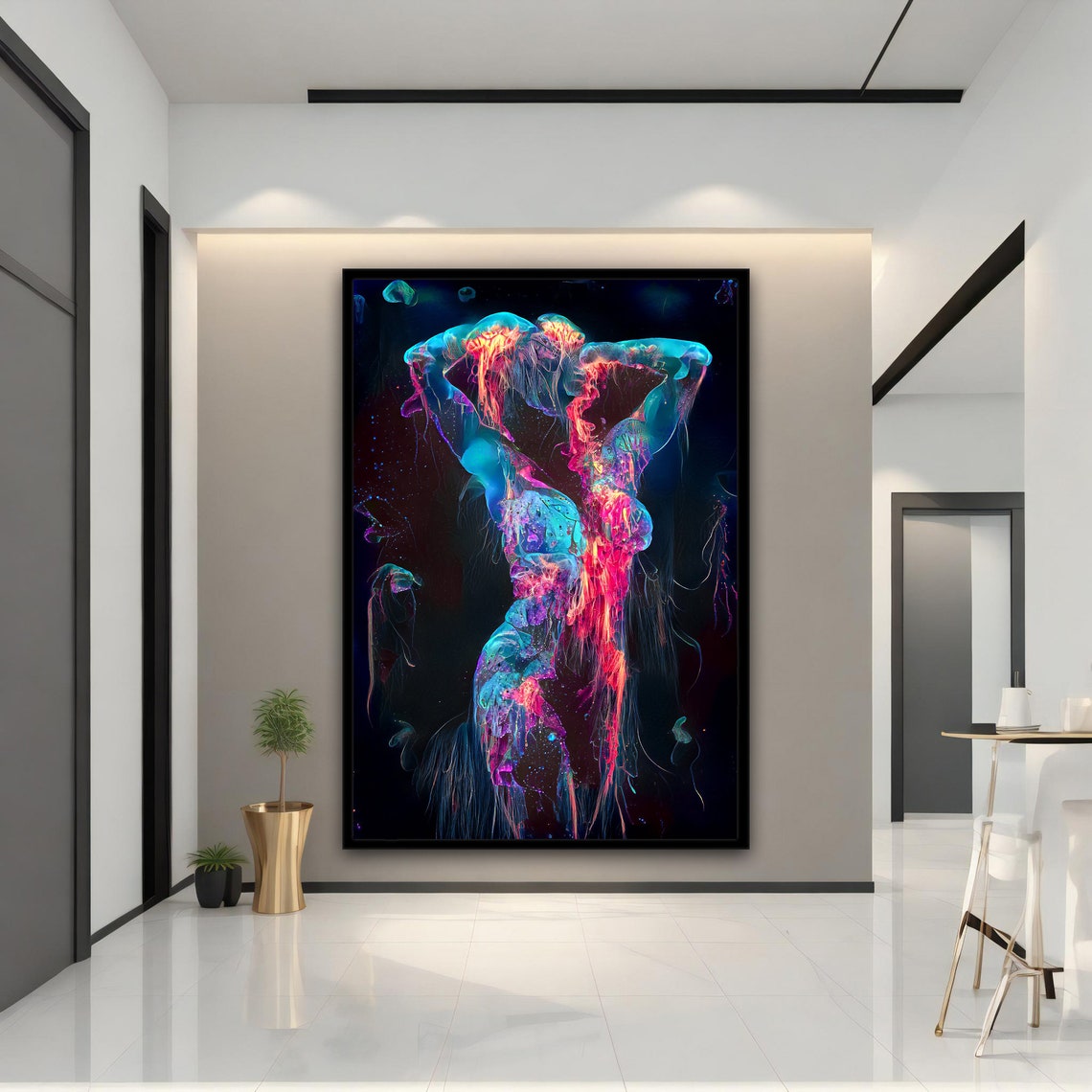 Neon Jellyfish Woman Abstract Bioluminescent Figure Art Print