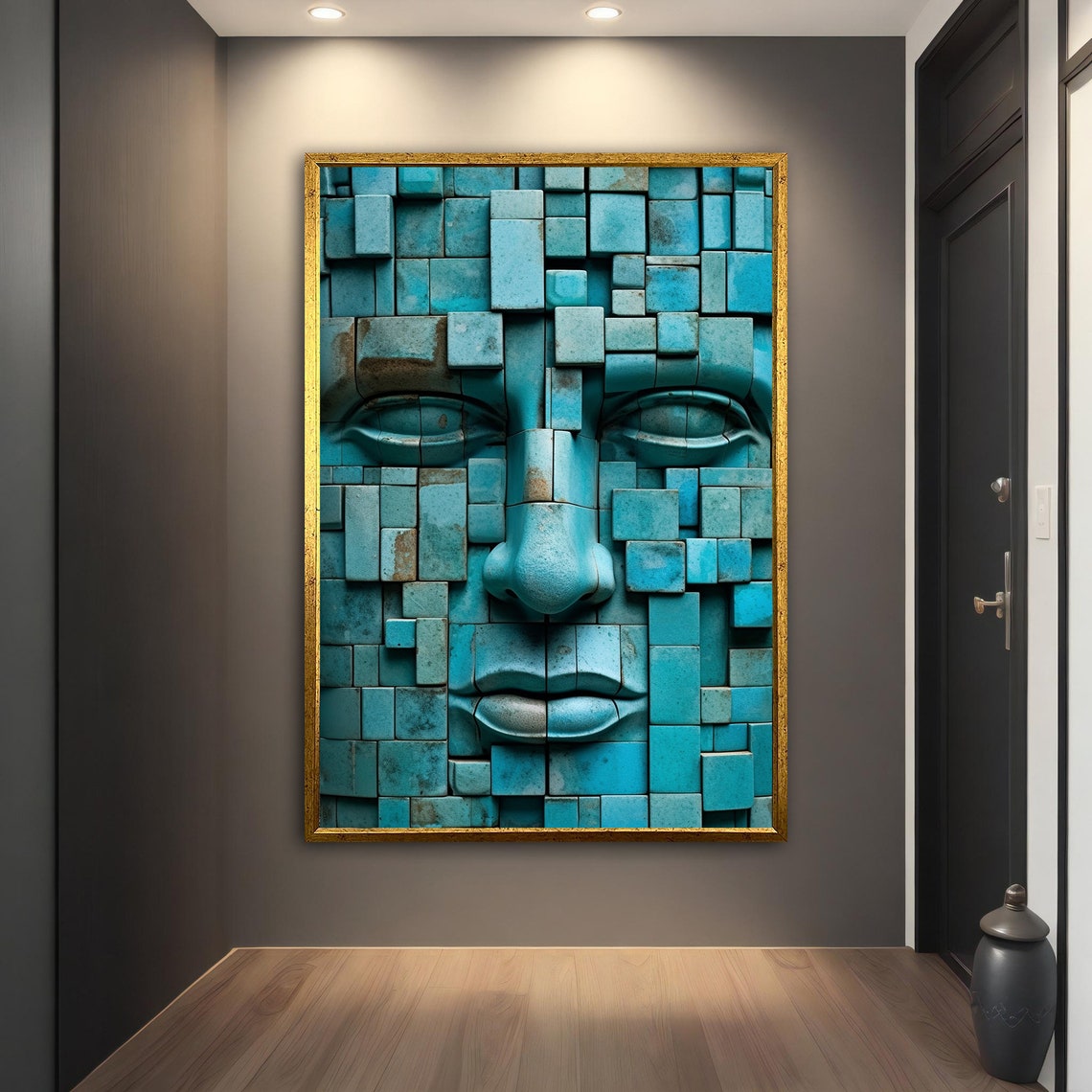 Turquoise Mosaic Face Cube 3D Block Texture Modern Abstract Art Poster - Image 3