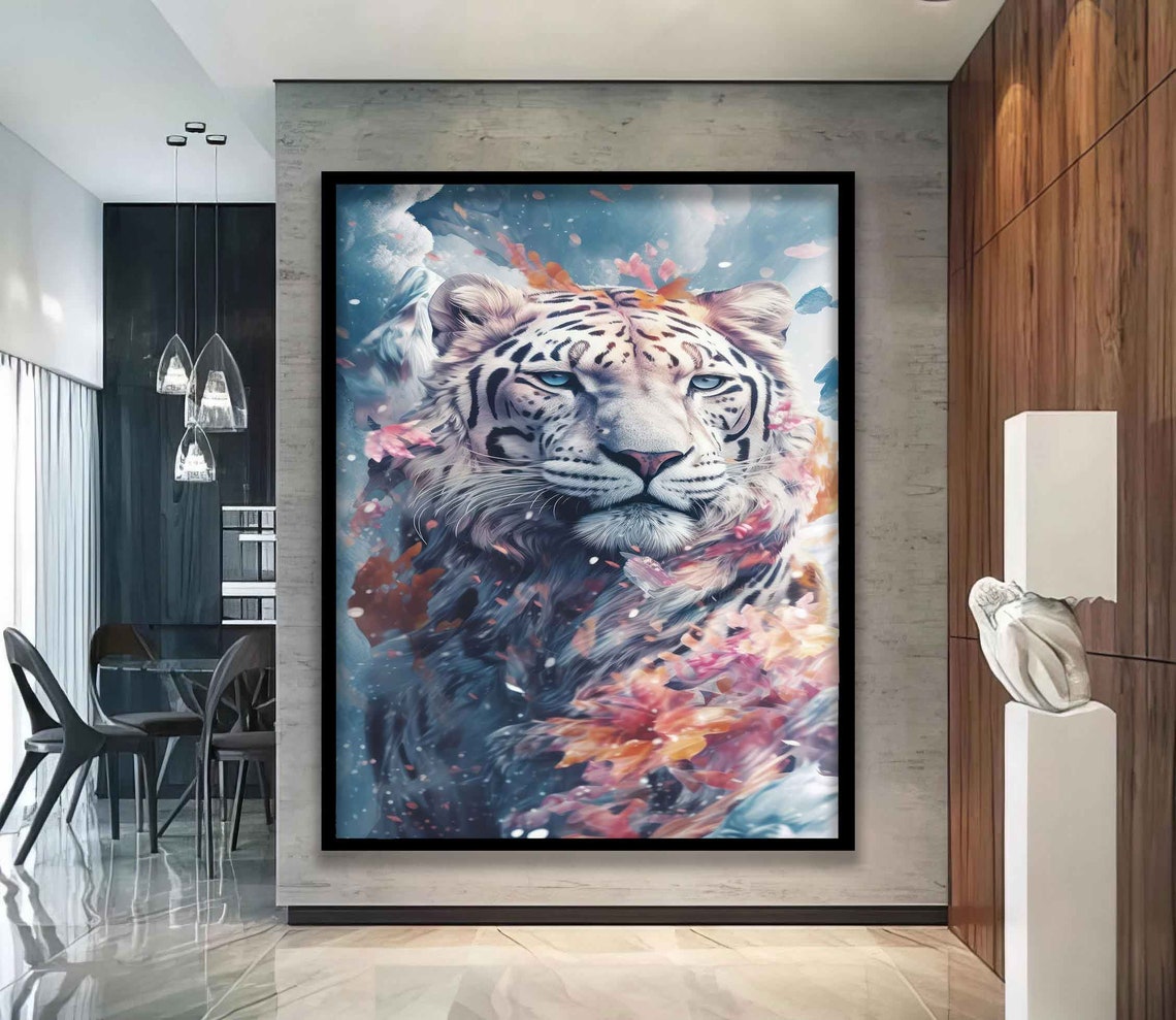 White Tiger With Autumn Leaves Watercolor Wildlife Art Poster - Image 4