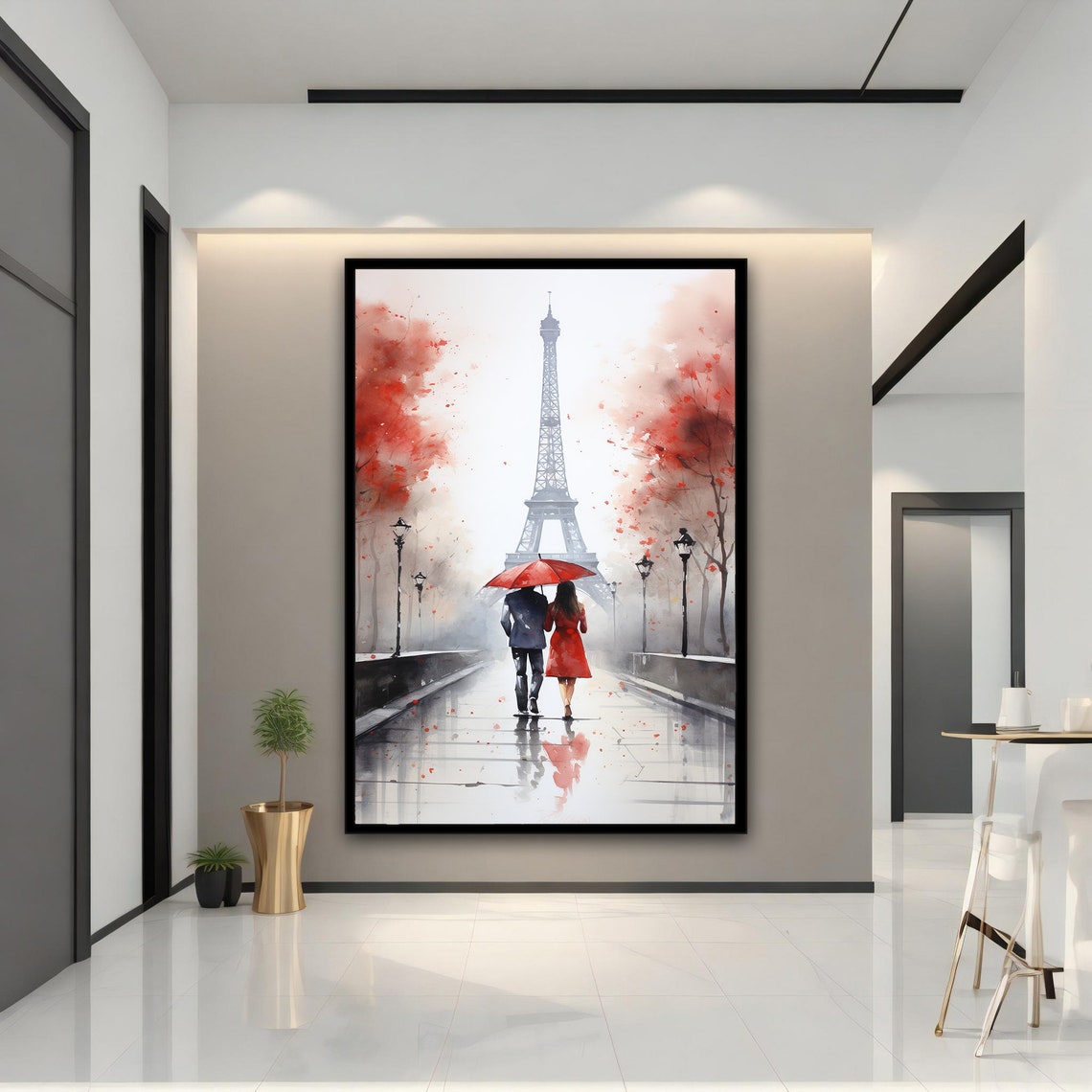 Eiffel Tower Rain Couple Red Umbrella Paris Watercolor Travel Poster - Image 4