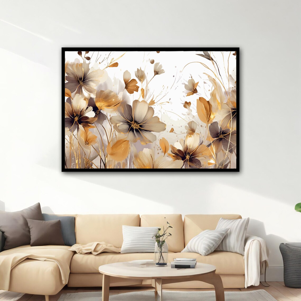 White Gold Wildflowers Painting Sepia Blooms Bright Floral Wall Poster - Image 2