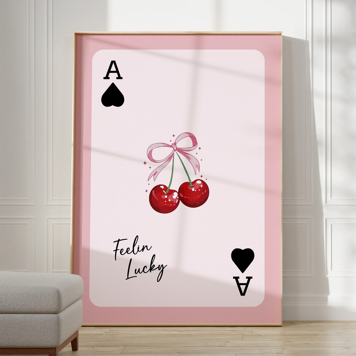 Feelin Lucky Sparkling Red Cherries Pink Bow Coquette Poster
