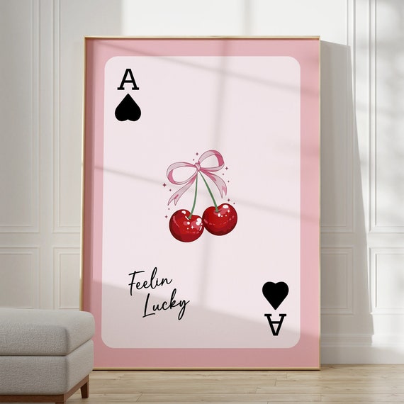 Feeling Lucky Ace Of Hearts Wall Art Quote Print Coquette Bow With Cherries Poster Pink Playing Card Trendy Prints