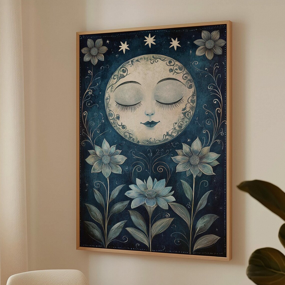 Celestial Moon and Floral Night Art Print