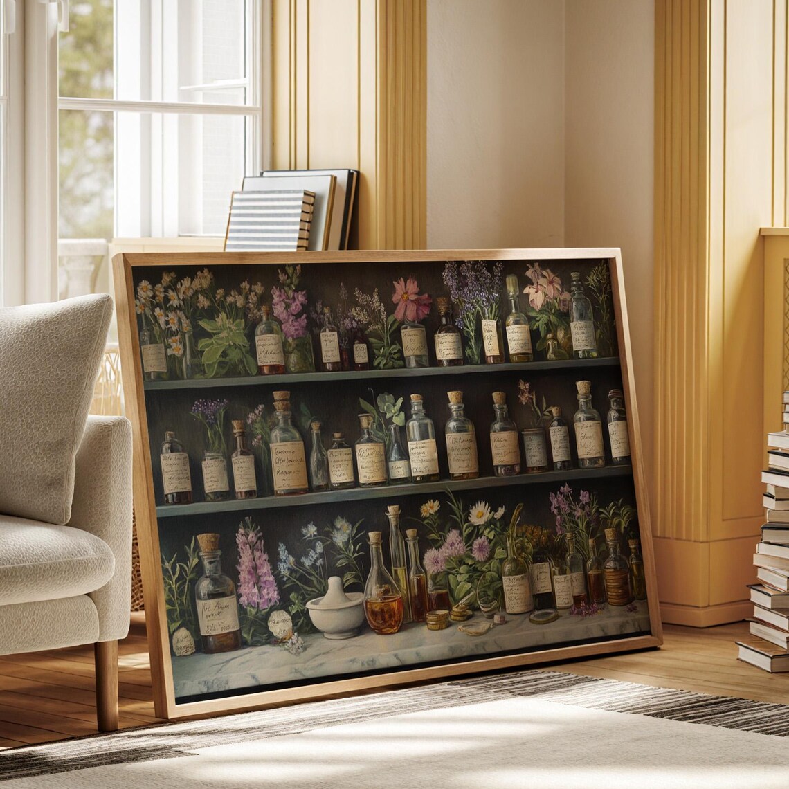 Vintage Apothecary Shelves Herbal Bottles Dark Botanical Art Poster
