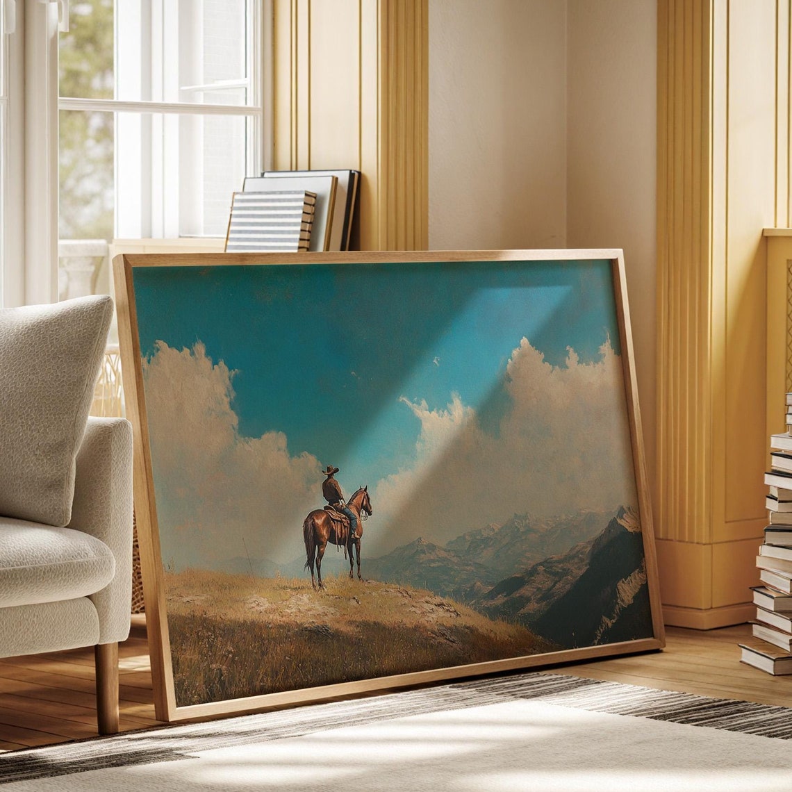 Lone Cowboy on Horseback Overlooking Mountain Range Art Poster