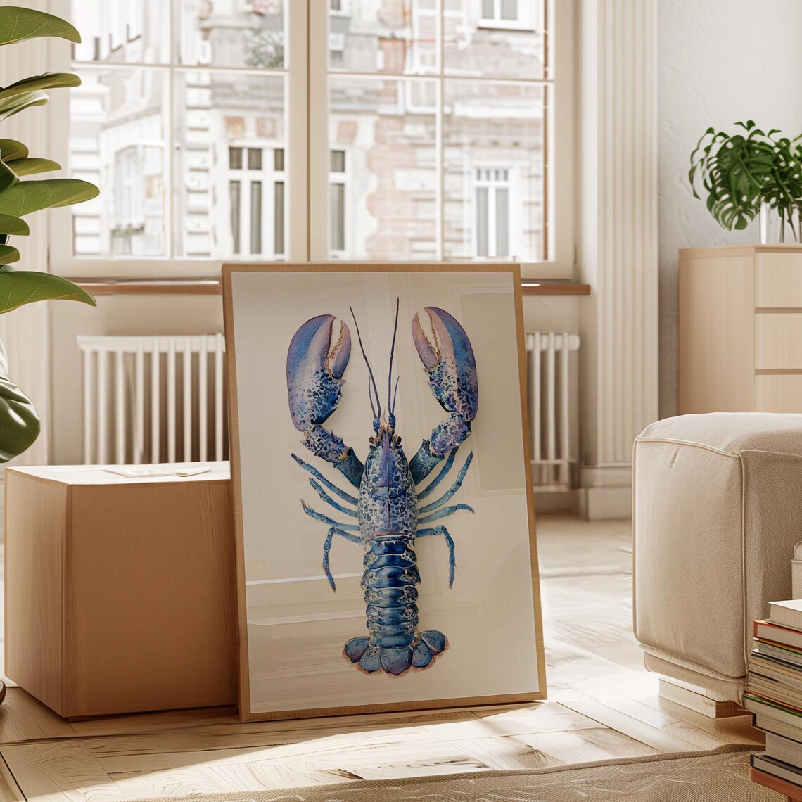 Blue Lobster Watercolor Coastal Painting