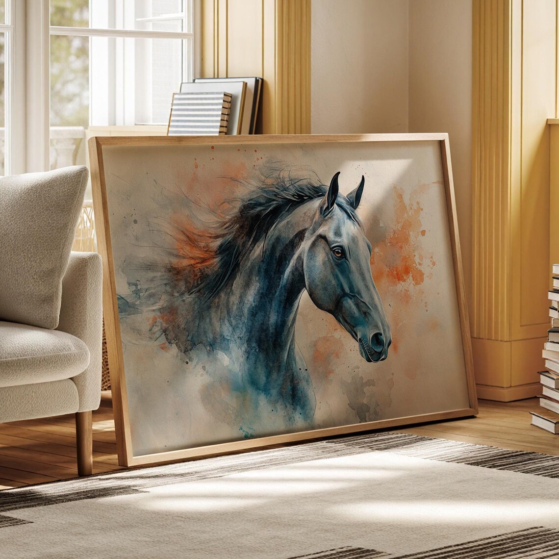 Wild Horse Head Watercolor Painting With Rust Orange Splash Poster