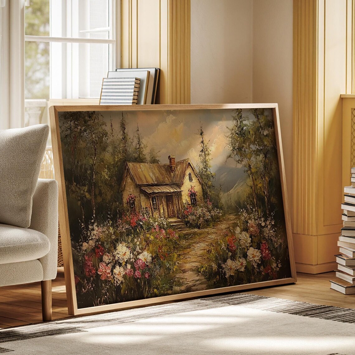 Rustic Forest Cottage With Flower Garden Path Vintage Wall Art