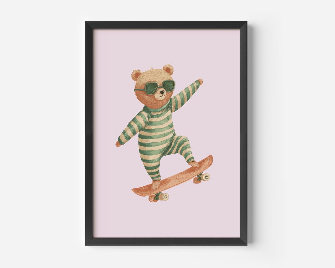 Cool Skateboarding Bear Sunglasses Pink Kids Room Animal Poster