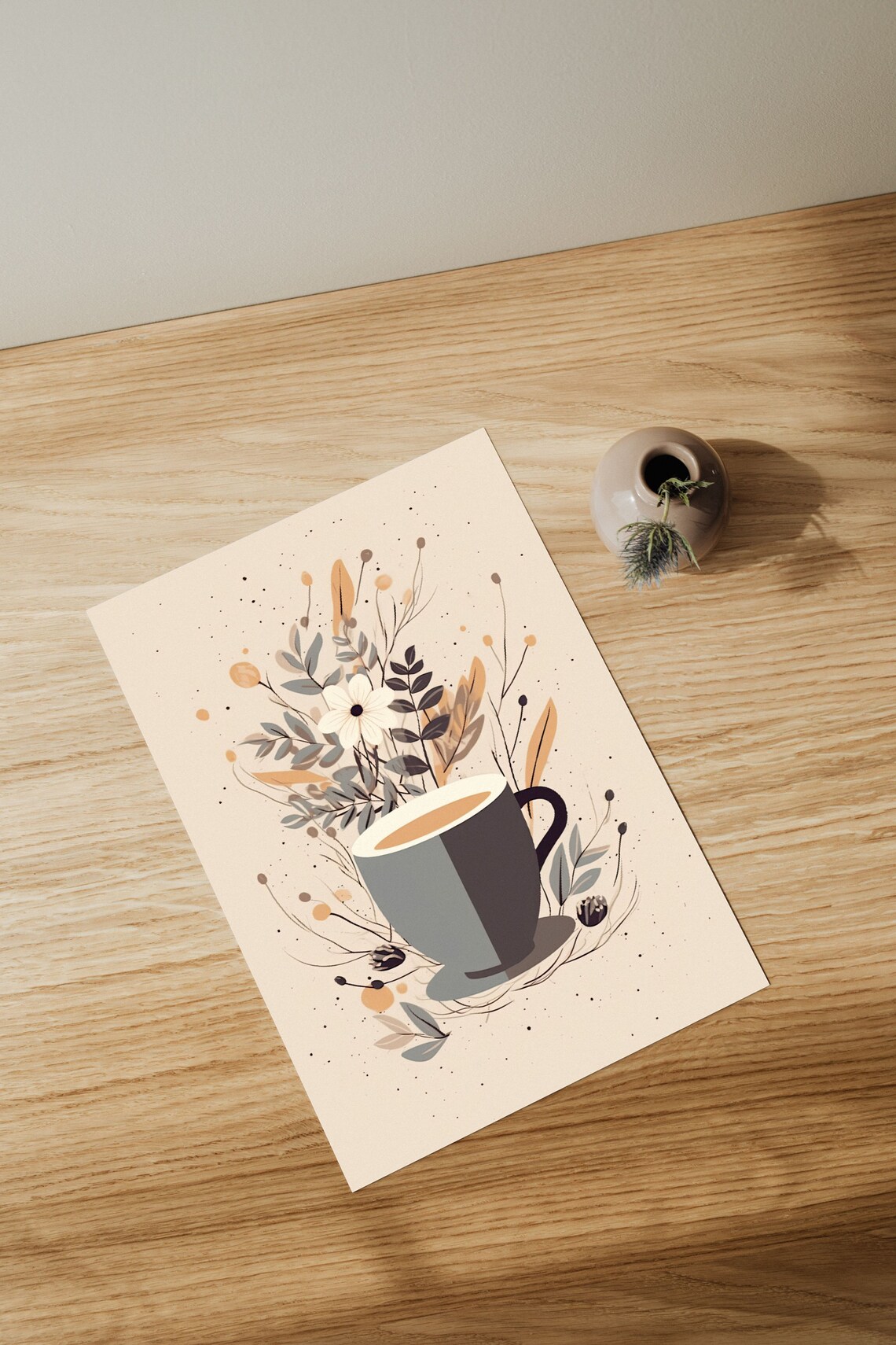 Coffee Cup With Plant Motif Boho Kitchen Art Print