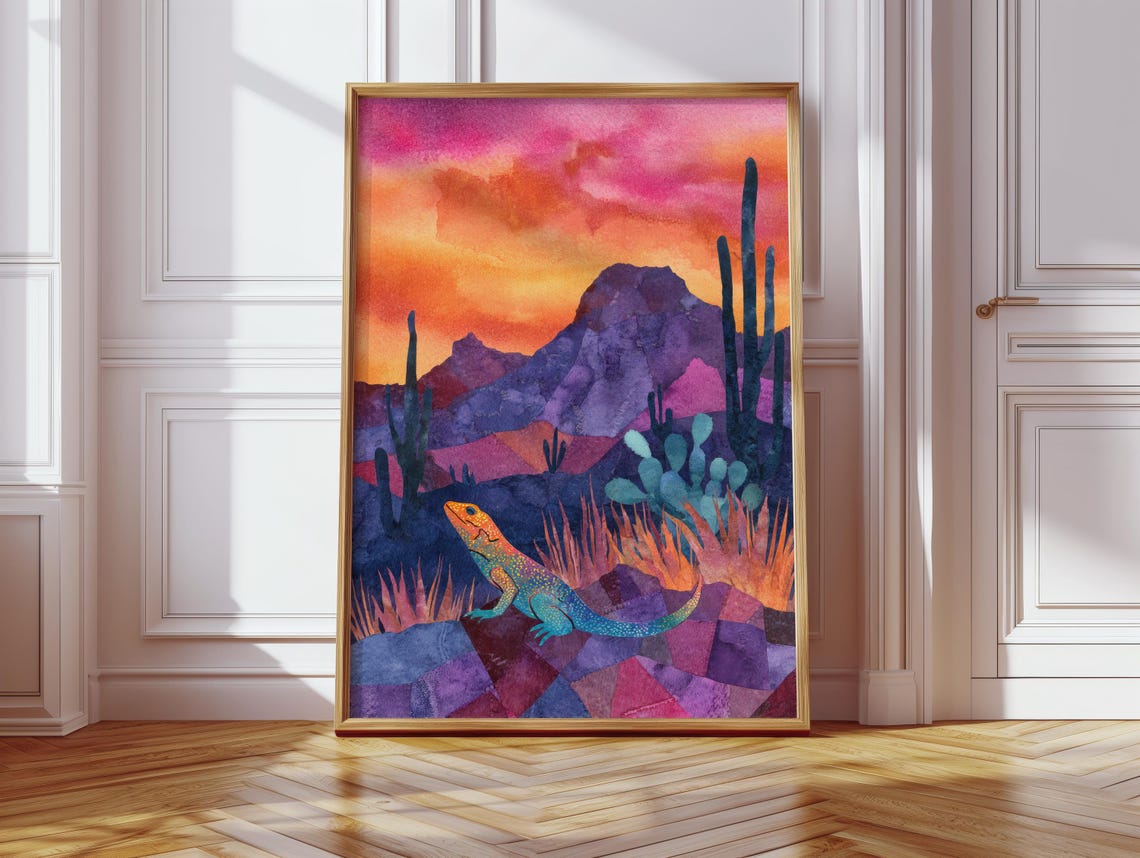 Desert Lizard Sunset Cactus Watercolor Southwestern Nature Poster