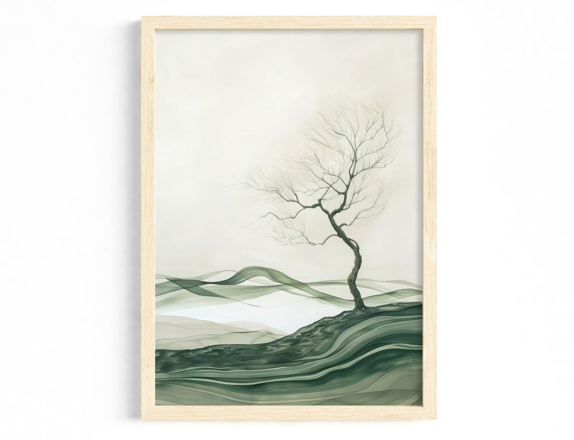 Lone Bare Tree On Green Rolling Hills Minimalist Landscape Poster