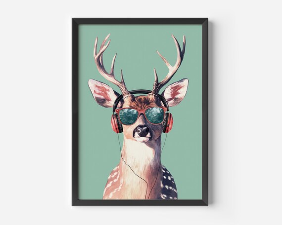 Funny Animal Poster Art For The Living Room Modern Of A Deer With Headphones Decoration Teens Office Picture