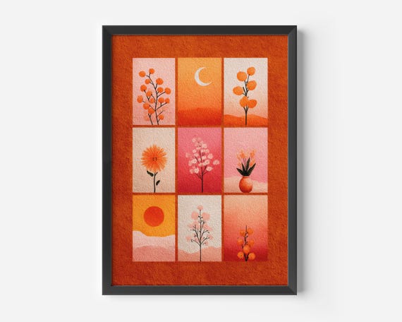 Modern Living Room Decoration Boho Art Poster Orange Natural Plants Collage Warm Colors For A Relaxed Atmosphere Hallway Office Wall